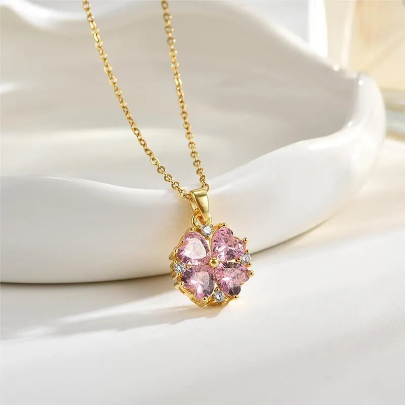 Pink CZ Flower Pendant Necklace